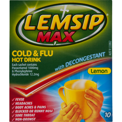 Lemsip Max Lemon Cold & Flu Decongestant Hot Drink Sachets 10pk