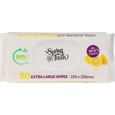 Spring Fresh Lemon Scented Extra Large Multi-Purpose Anti-Bacterial Wipes 80pk