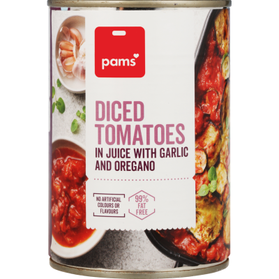 Pams Diced Tomatoes In Juice With Garlic And Oregano 400g