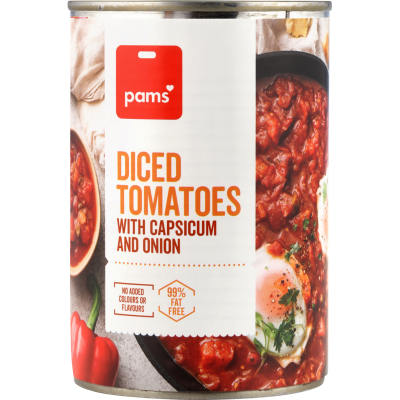 Pams Diced Tomatoes With Capsicum And Onion 400g