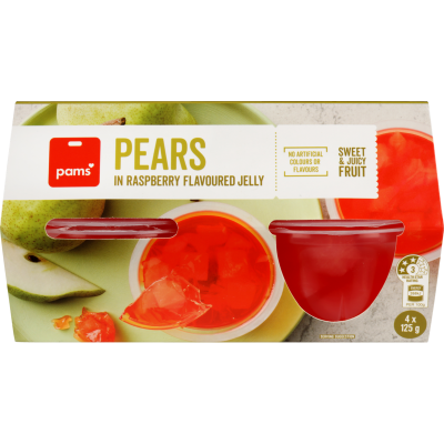 Pams Pears In Raspberry Jelly Fruit Cups 4 x 125g