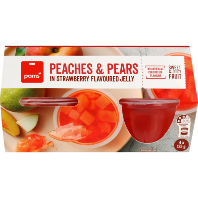 Pams Peaches & Pears In Strawberry Jelly Cups 4 x 125g