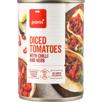 Pams Diced Tomatoes With Chilli And Herb 400g