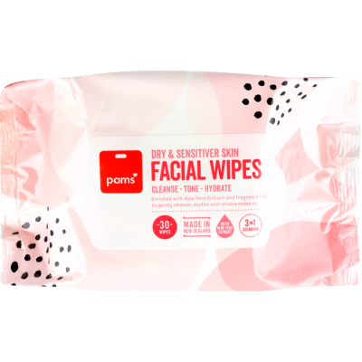 Pams Dry & Sensitive Skin Facial Wipes 30pk