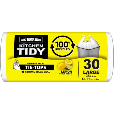 Big Black Sacks Tie-Tops Lemon Citrus Fresh Kitchen Tidy Liners Large 58 x 71cm 36 Litre 30pk
