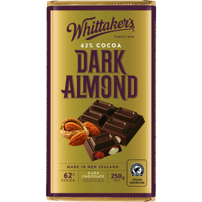 Whittaker's Dark Almond 62% Cocoa Dark Chocolate Block 250g