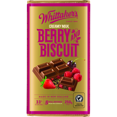 Whittaker's Berry And Biscuit 33% Cocoa Milk Chocolate Block 250g