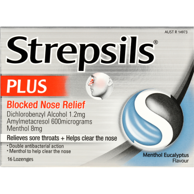 Strepsils Plus Blocked Nose Relief Menthol Eucalyptus Flavour Lozenges 16pk