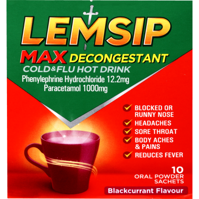 Lemsip Max Decongestant Blackcurrant Cold & Flu Hot Drink Sachets 10pk