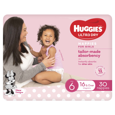 Huggies Ultra Dry Nappies Girls  Size 6 16kg+ 30pk