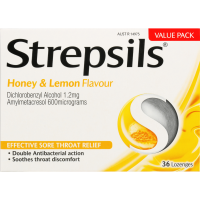 Strepsils Honey & Lemon Flavour Sore Throat Relief Lozenges 36pk