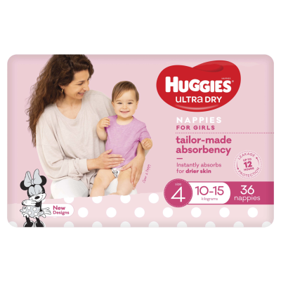 Huggies Ultra Dry Nappies Girls  Size 4 10-15kg 36pk