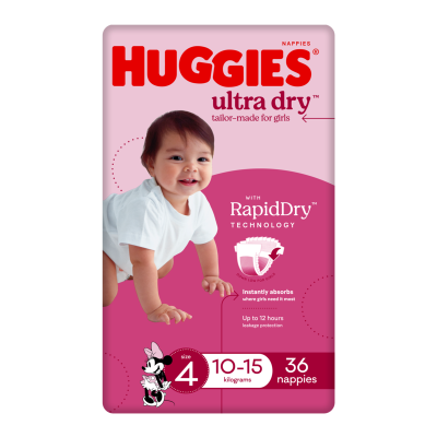 Huggies Ultra Dry Nappies For Girls Size 4 10-15kg 36pk