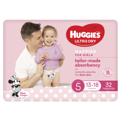 Huggies Ultra Dry Nappies Girls Size 5 13-18kg 32pk