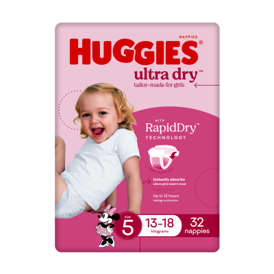 Huggies Ultra Dry Nappies For Girls Size 5 13-18kg 32pk
