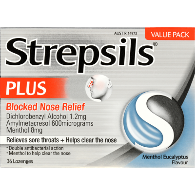 Strepsils Plus Blocked Nose Relief Menthol Eucalyptus Flavour Lozenges 36pk