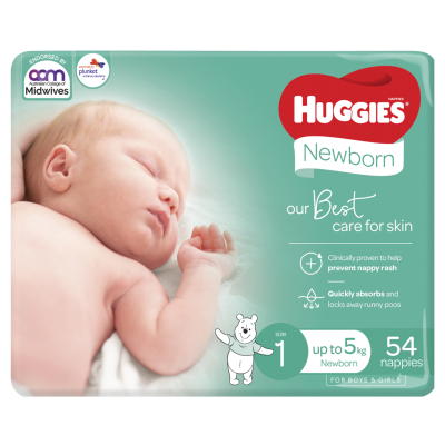 Huggies Nappies newborn Size 1 Up to 5kg 54pk