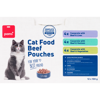 Pams Beef Cat Food Pouch 12 x 100g