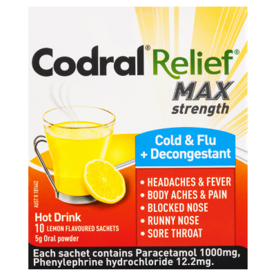 Codral Relief Cold & Flu + Decongestant Lemon Sachets 10pk