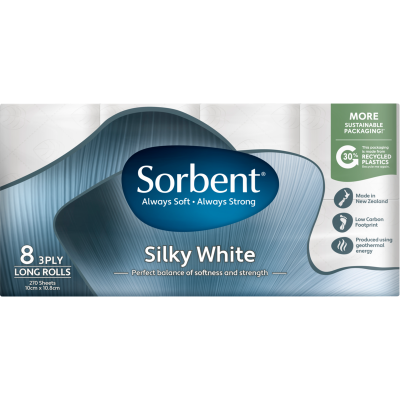 Sorbent Silky White Long Roll 3 Ply Toilet Rolls 8 x 270 sheets