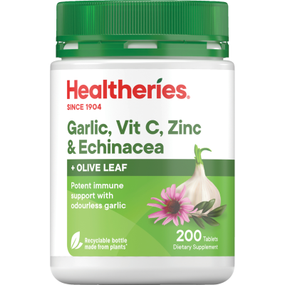 Healtheries Garlic Vitamin C  Zinc & Echinacea Tablets 200pk