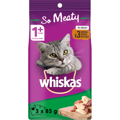 Whiskas So Meaty Shredded Chicken With Duck In Gravy Wet Cat Food Pouches 3pk