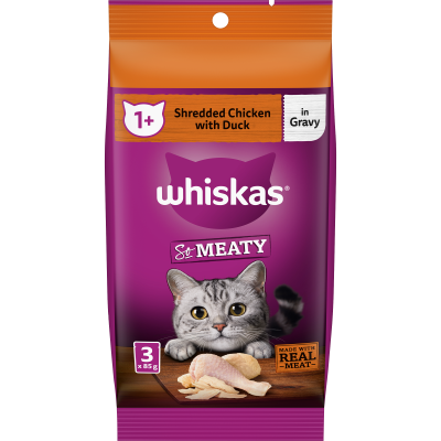 Whiskas So Meaty Shredded Chicken With Duck In Gravy Wet Pouches Cat Food 255g
