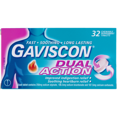 Gaviscon Dual Action Peppermint Heartburn & Indigestion Relief Chewable Tablets 32pk