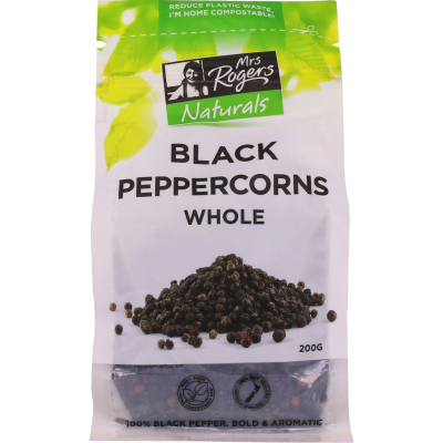 Mrs Rogers Naturals Whole Black Peppercorns 200g