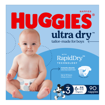 Huggies Ultra Dry Nappies For Boys Size 3 6-11kg 90pk