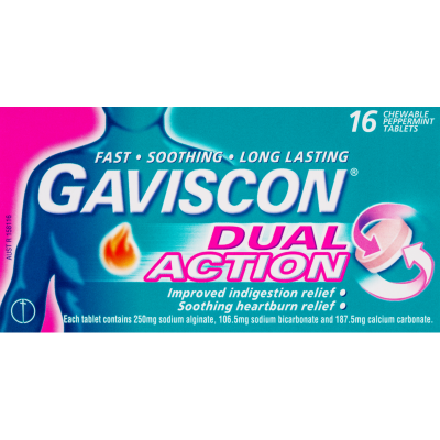 Gaviscon Dual Action Peppermint Heartburn & Indigestion Relief Chewable Tablets 16pk