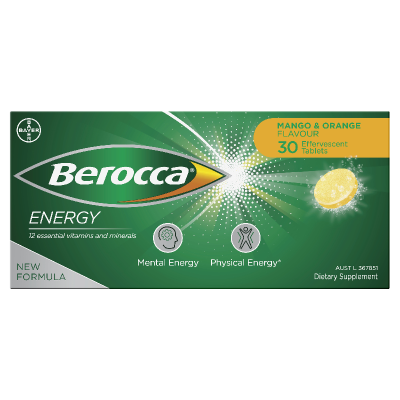 Berocca Energy Mango & Orange Flavour Effervescent Tablets 30pk