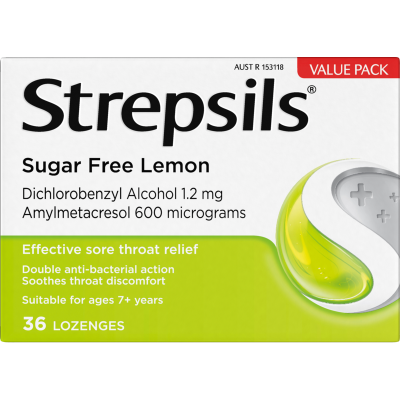 Strepsils Sugar Free Lemon Flavour Sore Throat Relief Lozenges 36pk