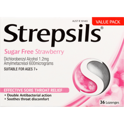 Strepsils Sugar Free Strawberry Flavour Sore Throat Relief Lozenges 36pk