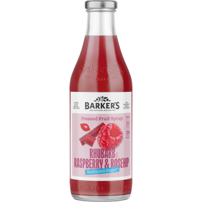 Barker's Reduced Sugar Rhubarb With Raspberry & Rosehip Pressed Fruit Syrup 710ml