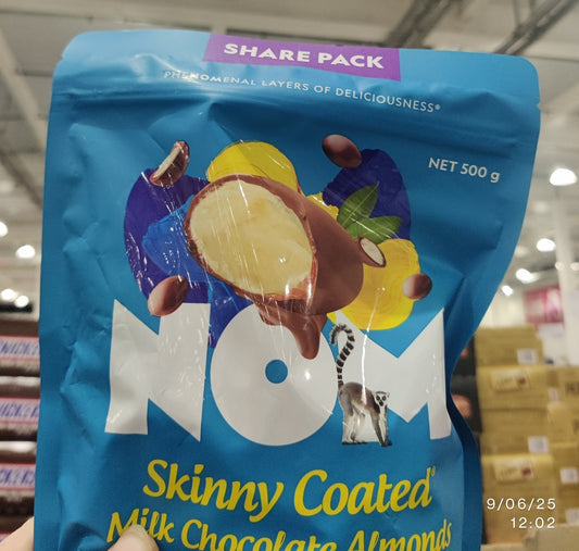 NOM SKINNY COATED MILK CHOCOLATE ALMONDS 500G