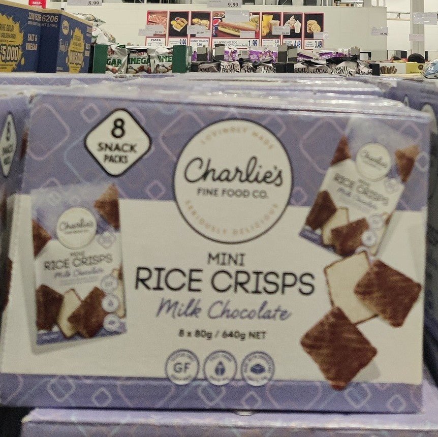 CHARLIE'S FINE FOOD CO MINI RICE CRISPS MILK CHOCOLATE 8 x 80g / 640g NET