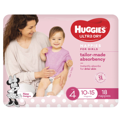 Huggies Ultra Dry Nappies Girls Size 4 10-15kg 18pk