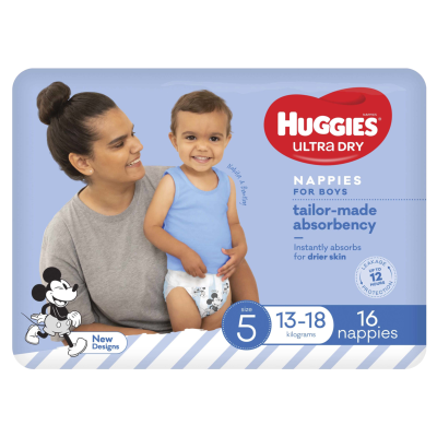 Huggies Ultra Dry Nappies Boys Size 5 13-18kg 16pk