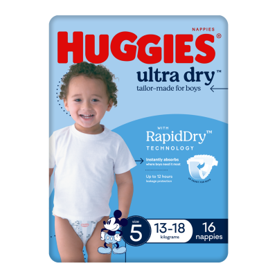 Huggies Ultra Dry Nappies For Boys Size 5 13-18kg 16pk