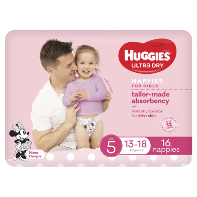 Huggies Ultra Dry Nappies Girls Size 5 13-18kg 16pk