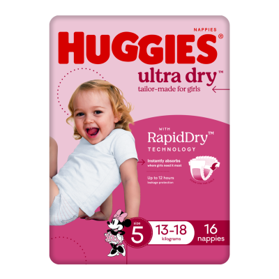 Huggies Ultra Dry Nappies For Girls Size 5 13-18kg 16pk