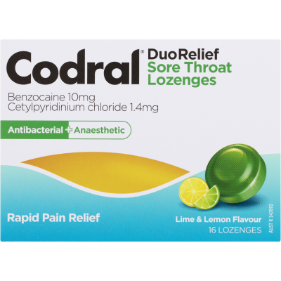 Codral Lime & Lemon Flavour Duo Relief Sore Throat Lozenges 16pk