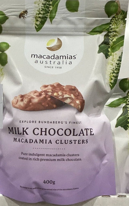 MACADAMIAS AUSTRALIA MILK CHOCOLATE MACADAMIA CLUSTERS 400G