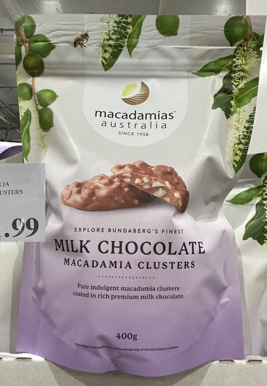 MACADAMIAS AUSTRALIA MILK CHOCOLATE MACADAMIA CLUSTERS 400G