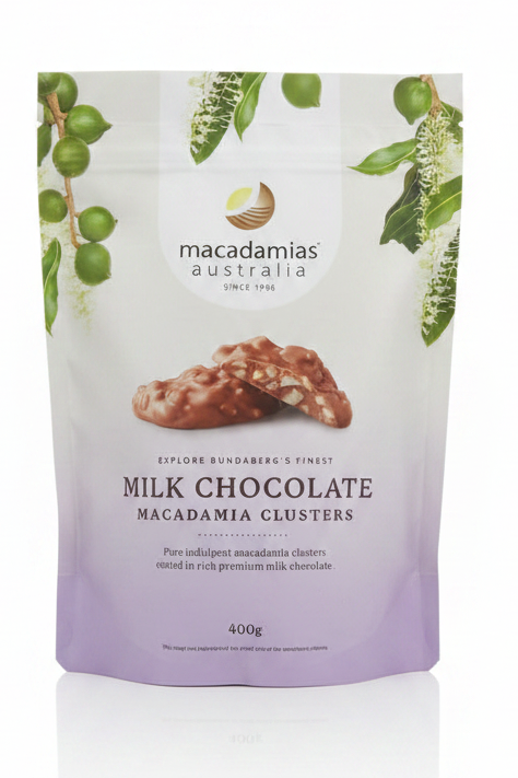 MACADAMIAS AUSTRALIA MILK CHOCOLATE MACADAMIA CLUSTERS 400G