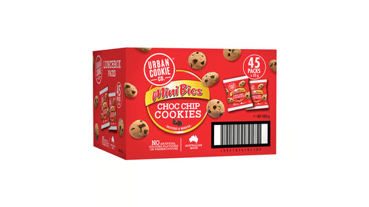 Box of Urban Cookie Co. Mini Bites Choc Chip Cookies on a white background