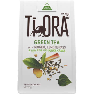 Ti Ora Green Tea With Ginger Lemongrass & New Zealand Kawakawa Pyramid Tea Bags 15pk