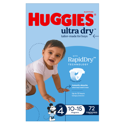 Huggies Ultra Dry Nappies For Boys Size 4 10-15kg 72pk