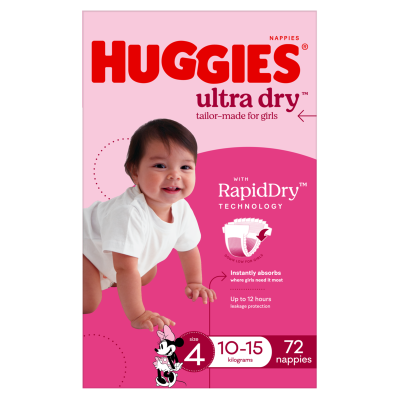 Huggies Ultra Dry Nappies For Girls Size 4 10-15kg 72pk